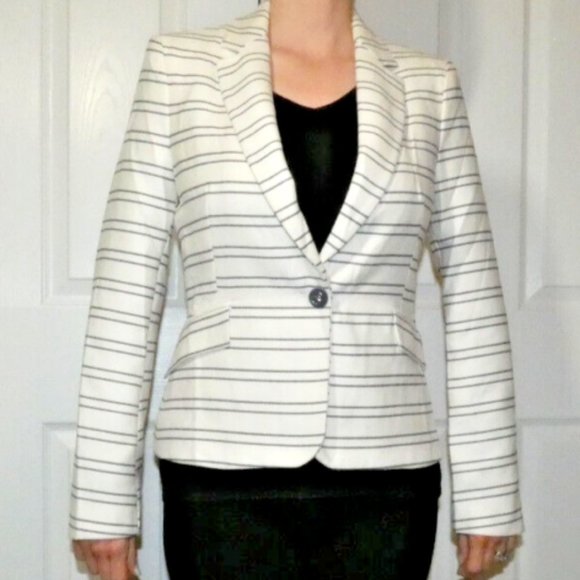 Cream Jacket Black Stripe Zara Basic Winter White Office Work Wear Woman S - Picture 1 of 10